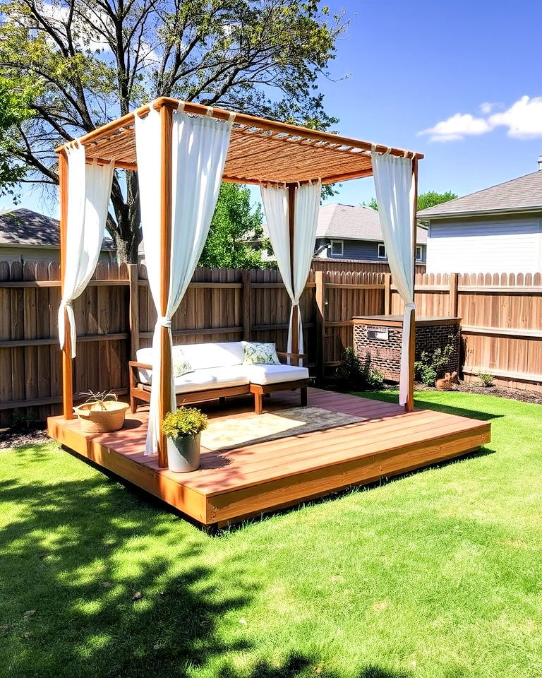 DIY canopy for floating wooden platform - 30 Backyard Deck Ideas on a Budget