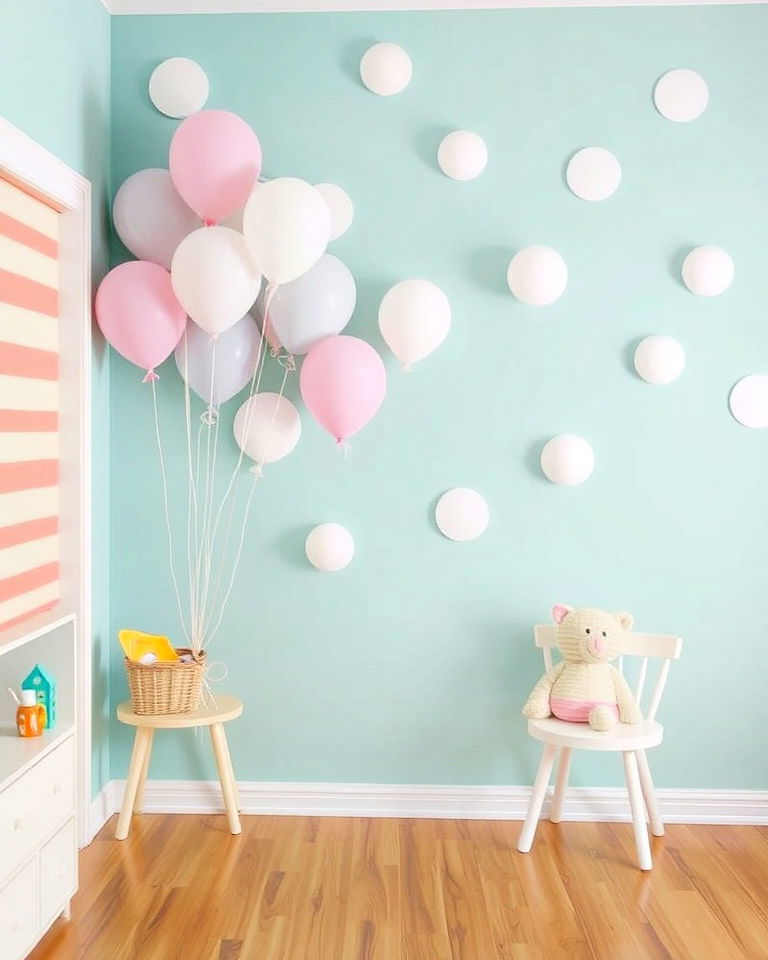 accent wall decorated with balloon shapes - 30 Kids Room Accent Wall Ideas