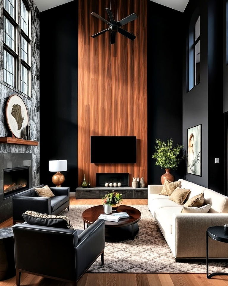 accent wall for high ceiling living room - 25 High Ceiling Living Room Ideas