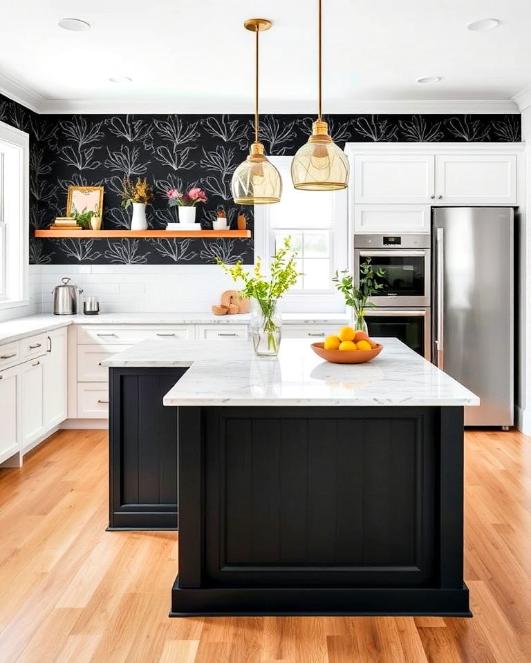accent wall for white kitchen and black island design - 20 White Kitchen Ideas With Black Island
