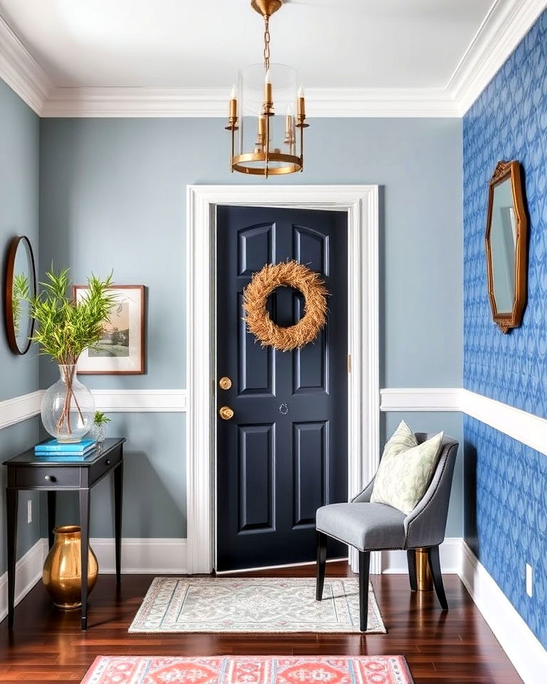 accent wall with stencil design for foyer - 50 Foyer Decor Ideas