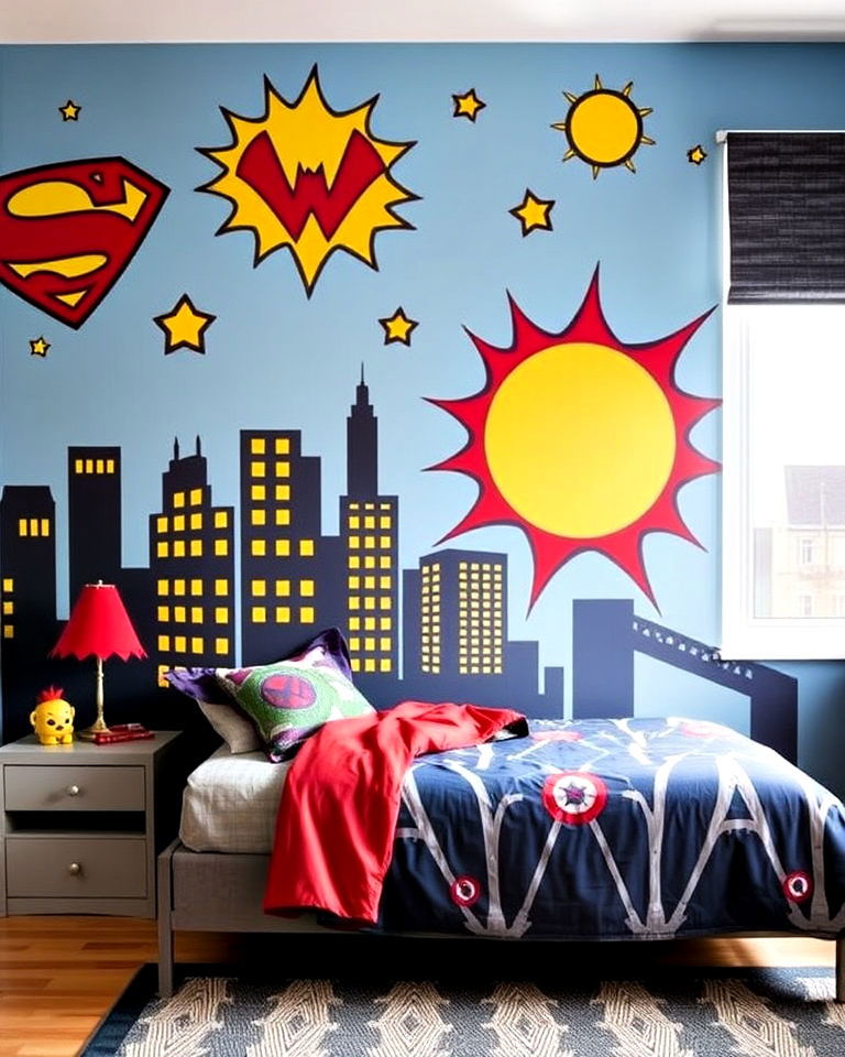 accent wall with superhero theme - 30 Kids Room Accent Wall Ideas