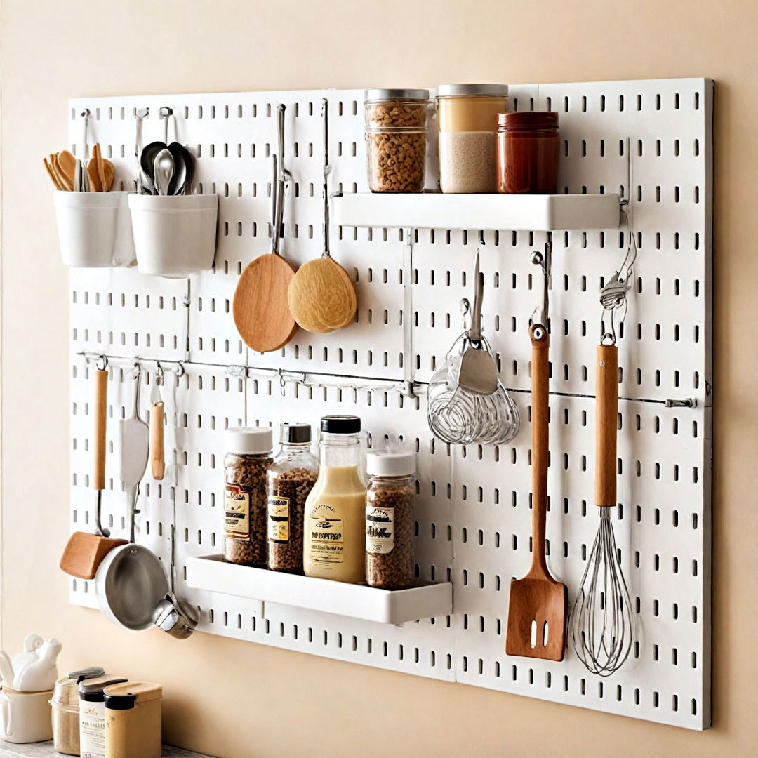 accessible storage with pegboard - 40 Kitchen Organization Ideas