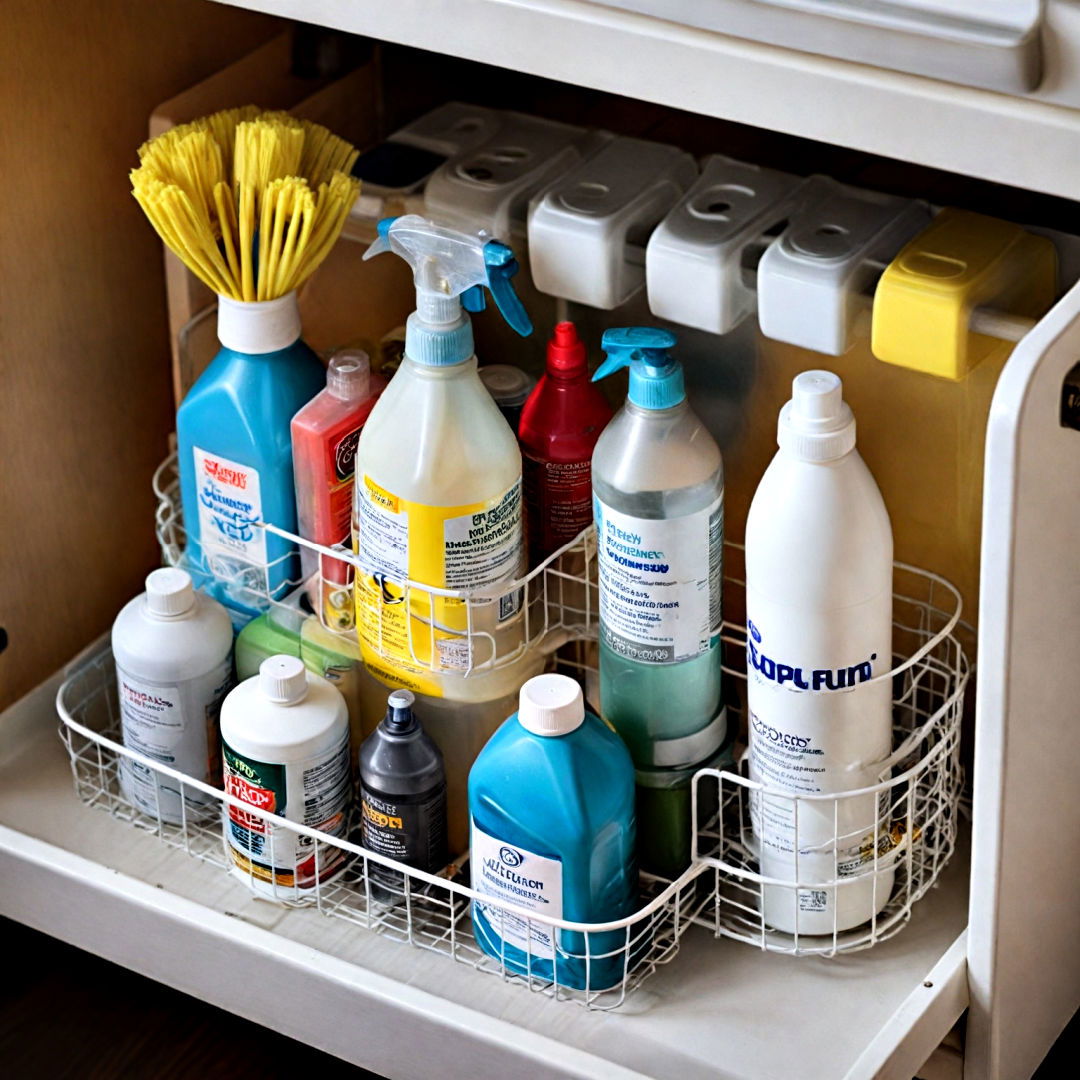 add a caddy for cleaning supplies organization - 40 Kitchen Organization Ideas
