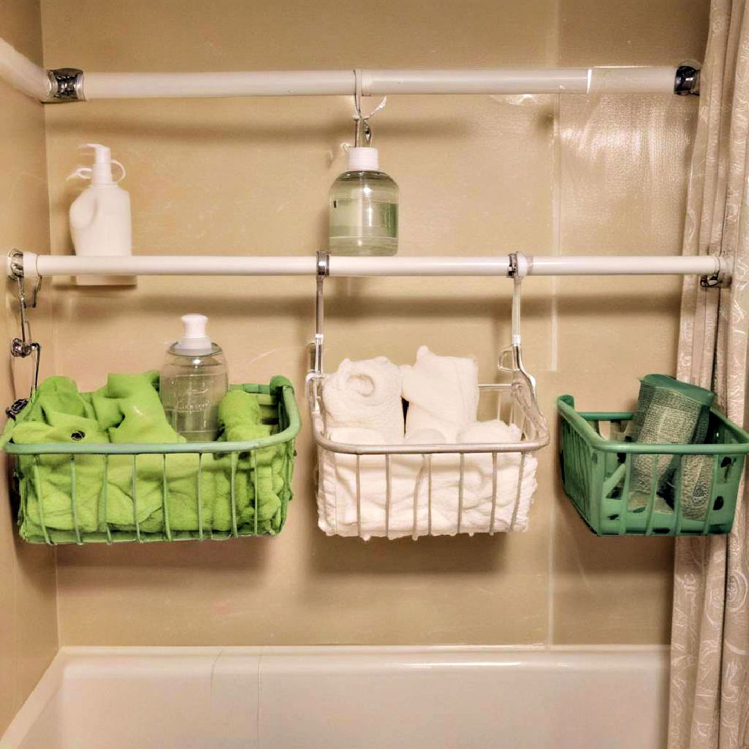 add a shower curtain rod shelf for storage - 25 Small Bathroom Ideas on a Budget
