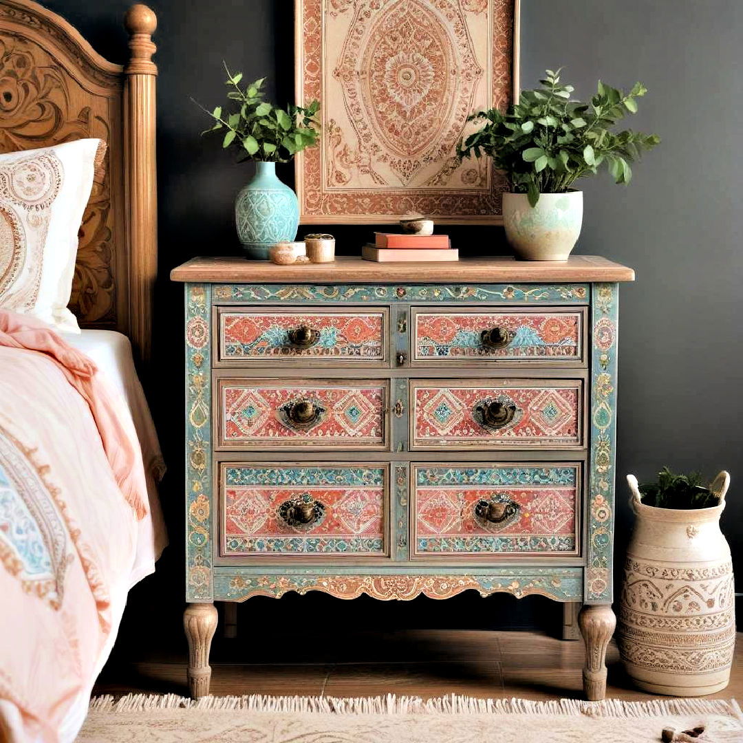 add an artistic touch with hand painted furniture - 40 Boho Bedroom Ideas