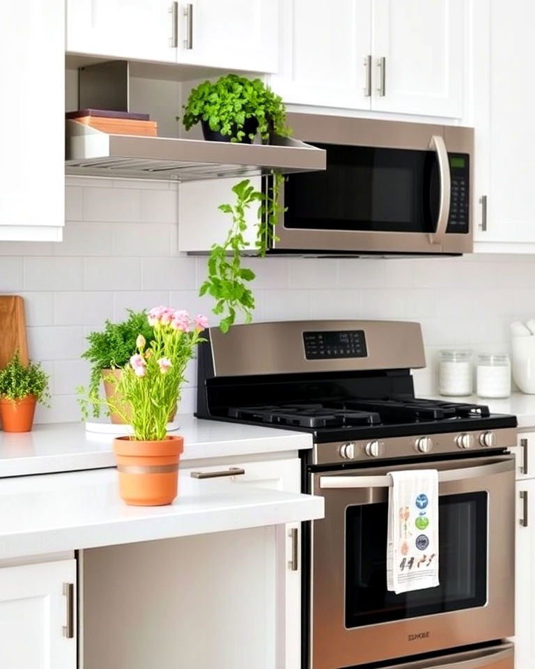 add greenery and natural elements - 25 White Kitchen with Stainless Steel Appliances Ideas