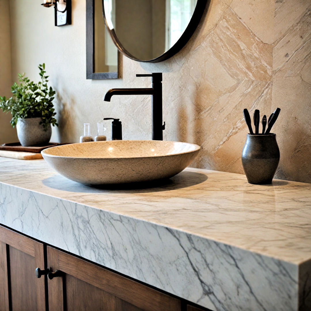 add natural stone elements - 40 Farmhouse Bathroom Ideas