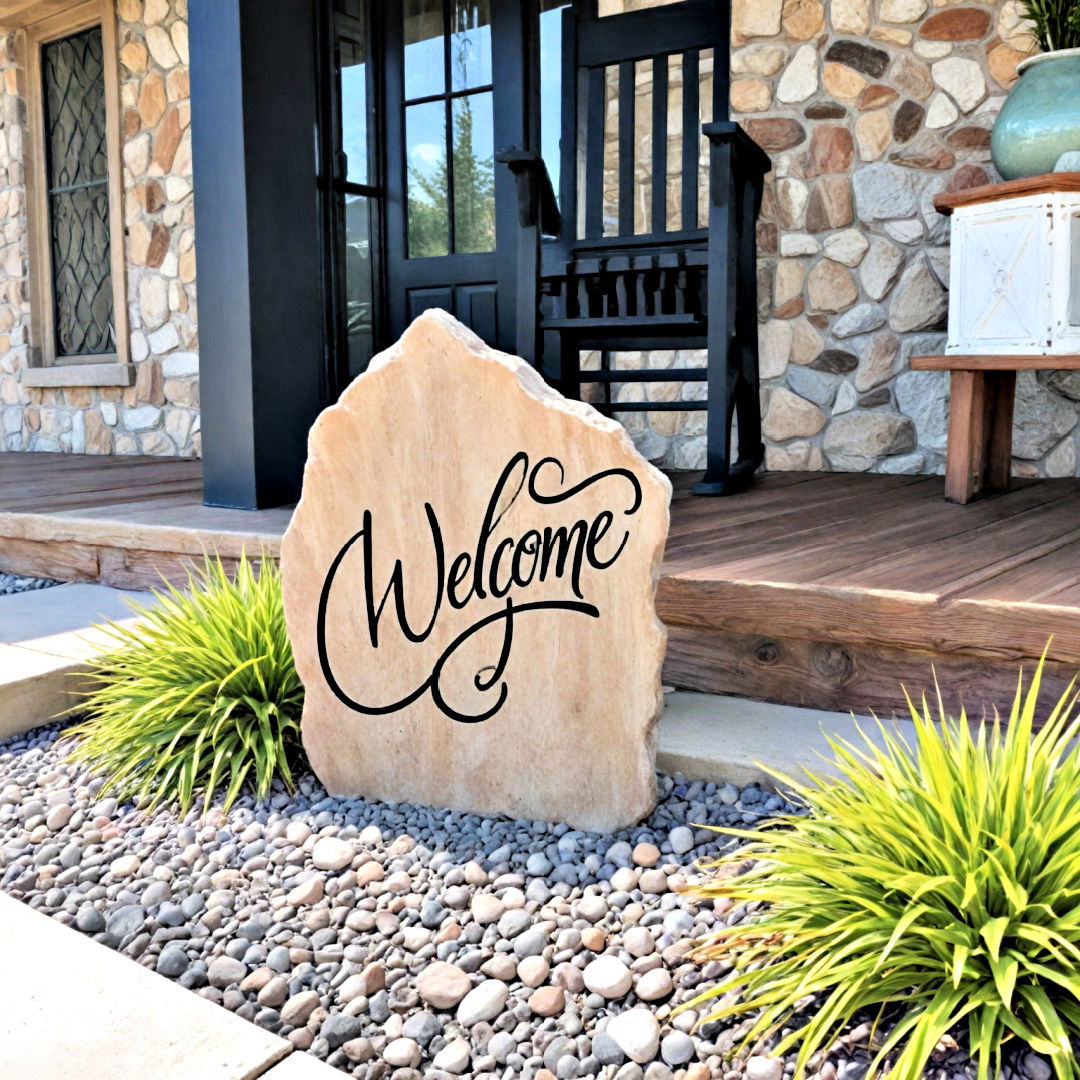 add personality to your entrance with a welcoming sign - 40 Front Yard Landscaping Ideas