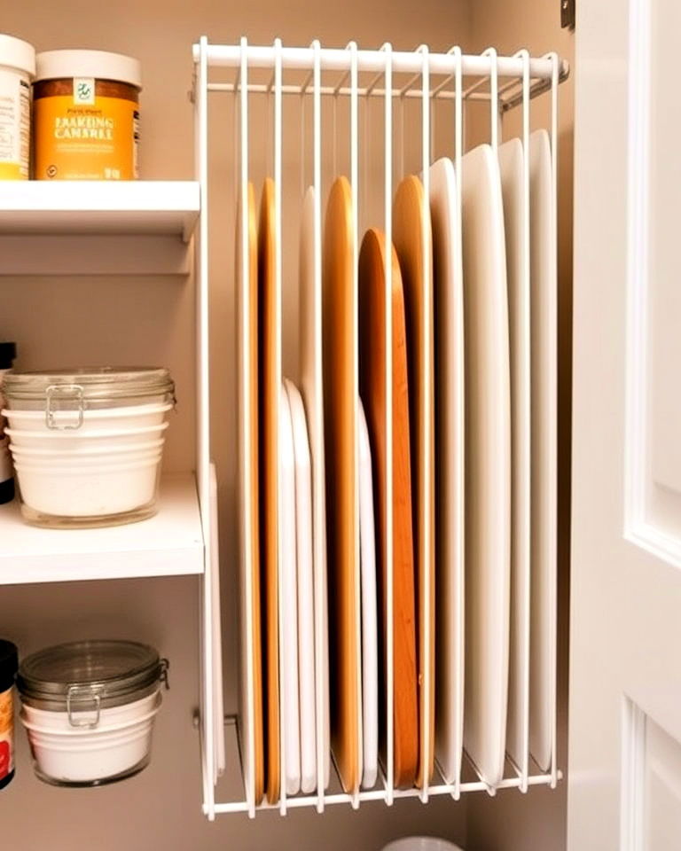 adjustable vertical dividers for baking sheets - 30 Small Pantry Ideas