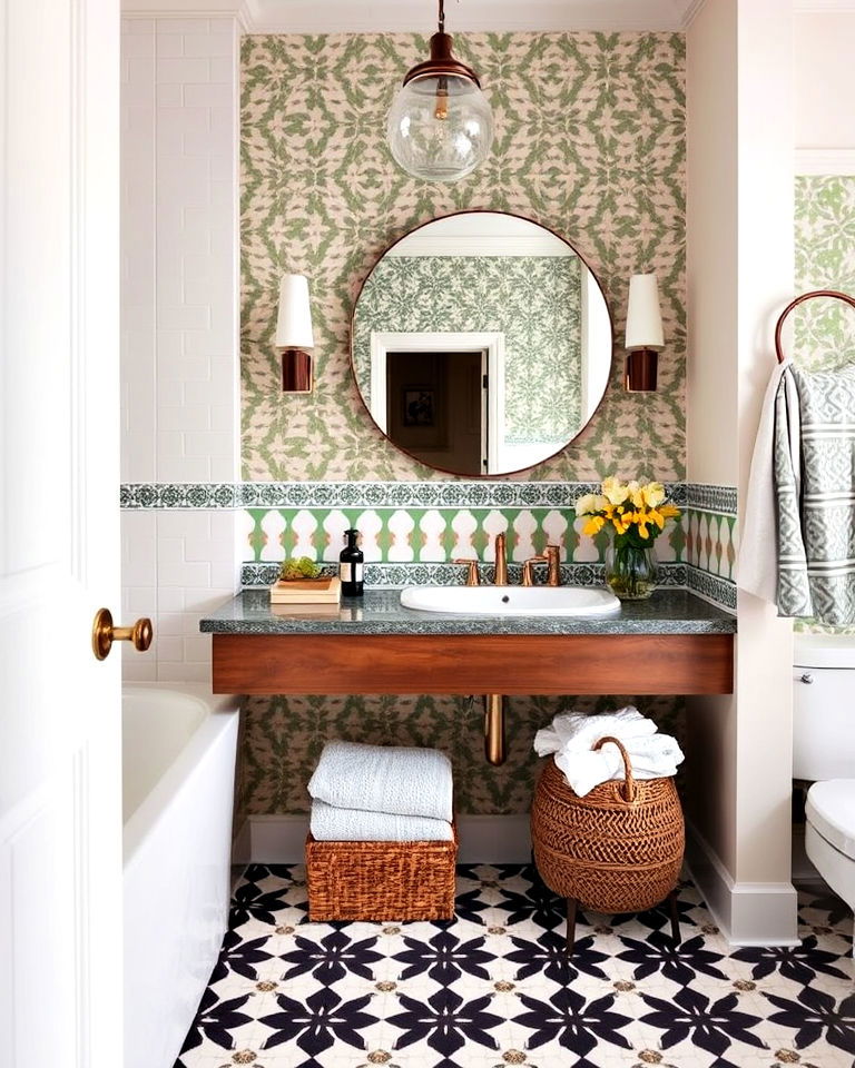 aesthetic bathroom with bold patterned tiles - 20 Aesthetic Bathroom Ideas
