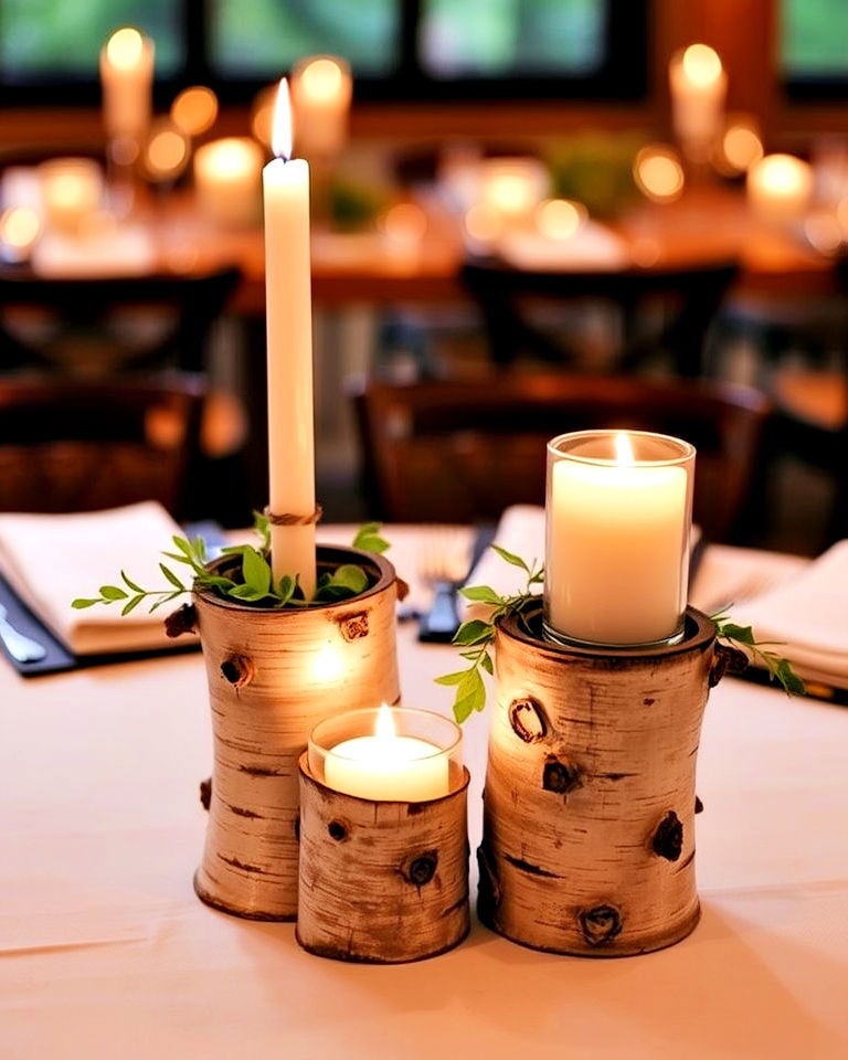 aesthetic birch wood candle holders - 30 Rehearsal Dinner Centerpiece Ideas
