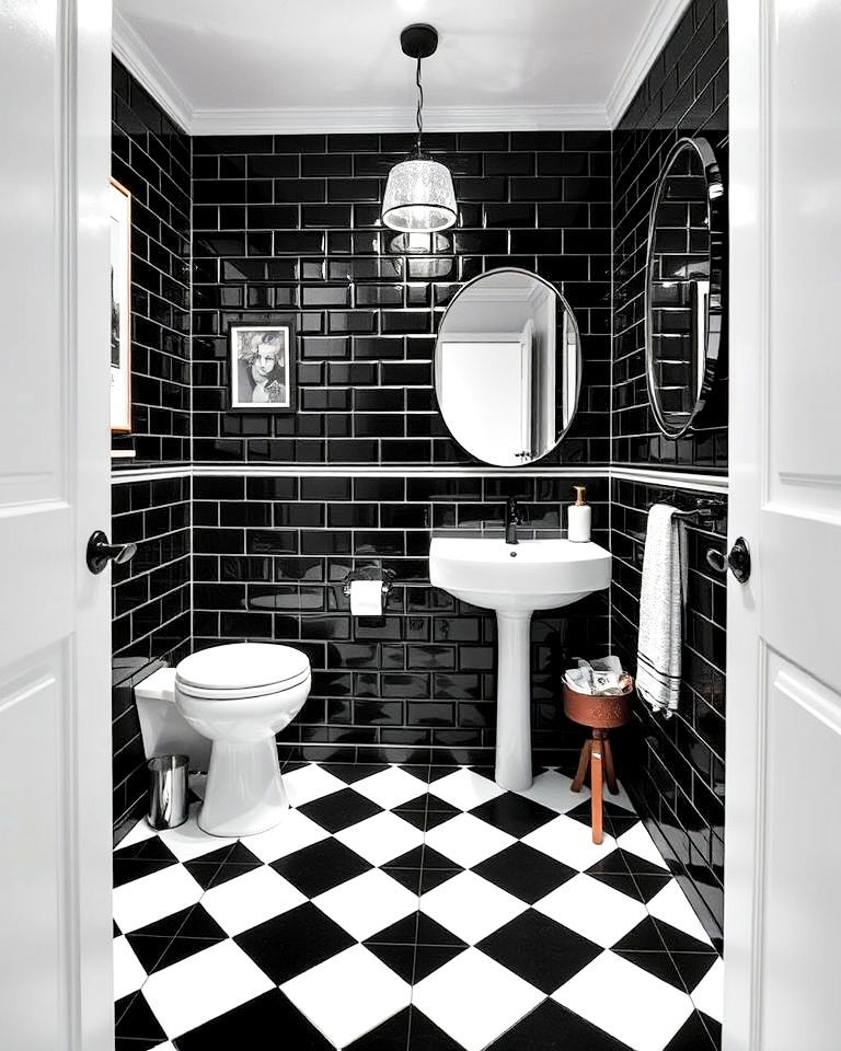 aesthetic black and white geometric tiles - 25 Black Powder Room Ideas