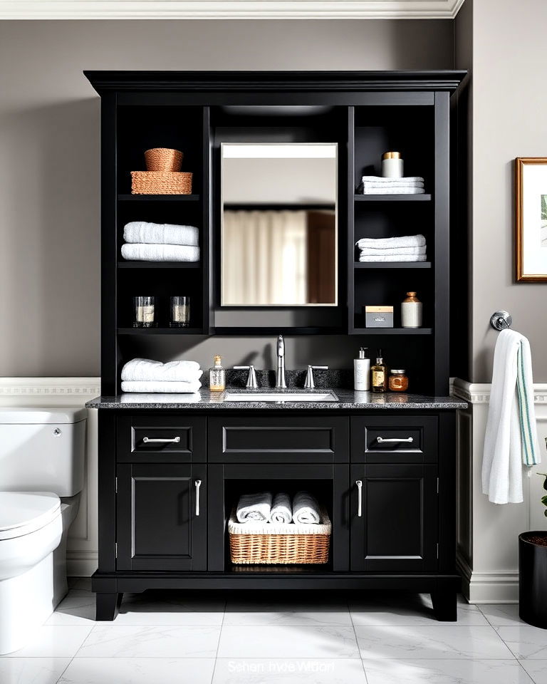 aesthetic black vanity with open shelving - 20 Black Vanity Bathroom Ideas