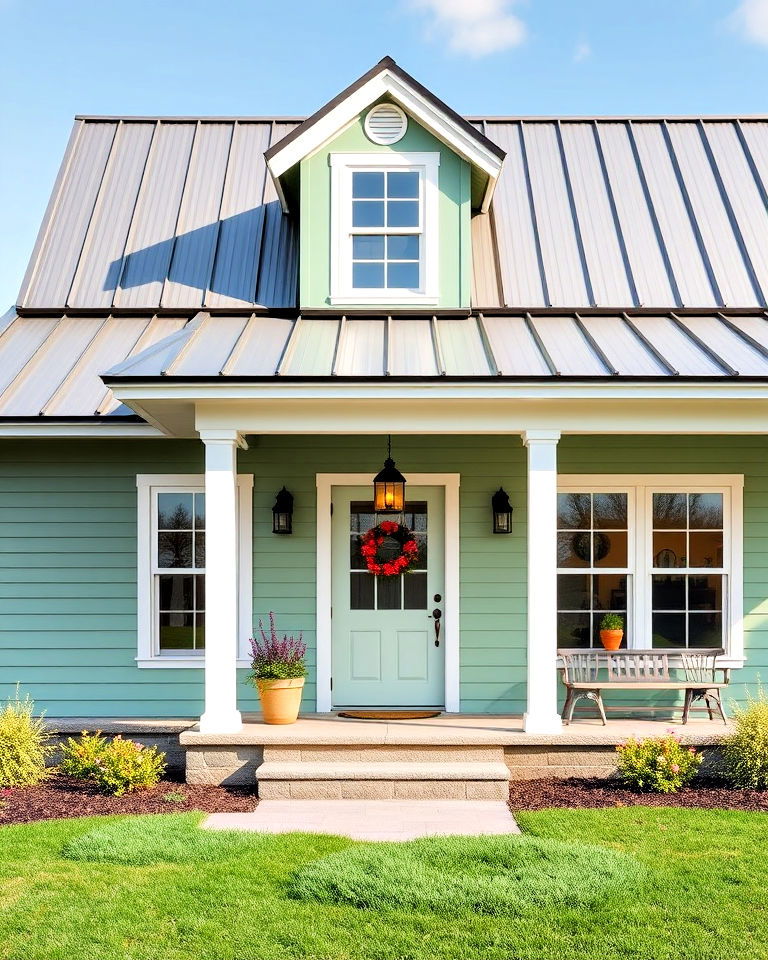 aesthetic celadon green exterior and steel roof - 25 Farmhouse Green Exterior Home Ideas
