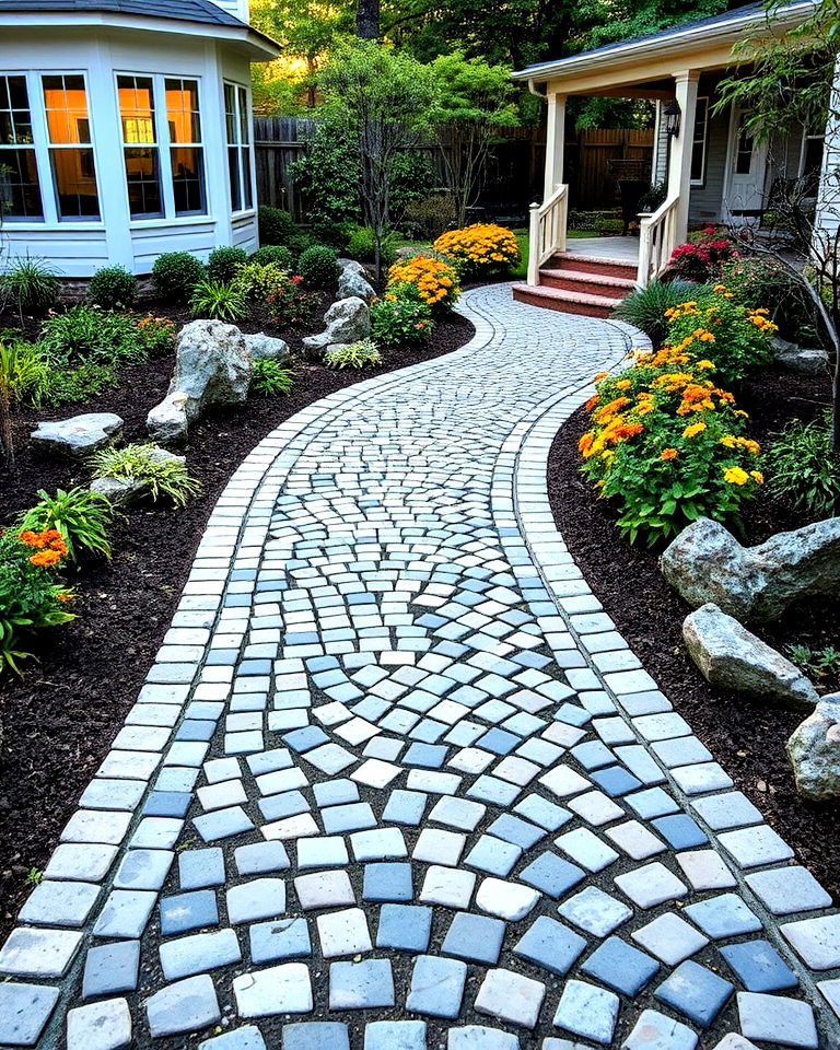 aesthetic cobblestone walkway with flowing lines - 25 Curved Walkway Ideas