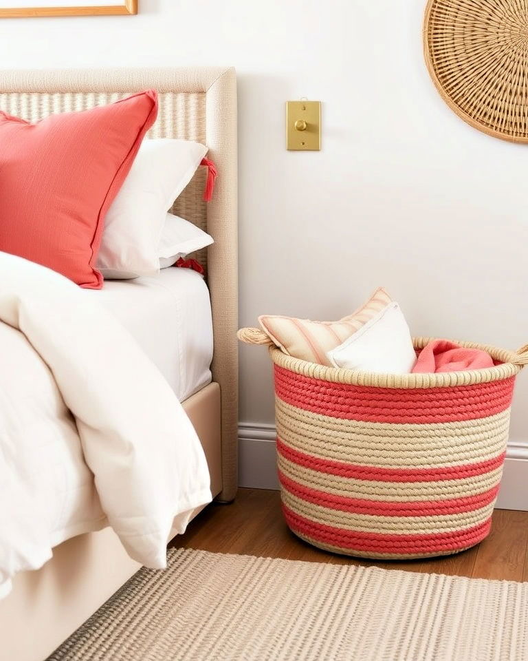 aesthetic coral woven basket - 25 Coral Bedroom Ideas