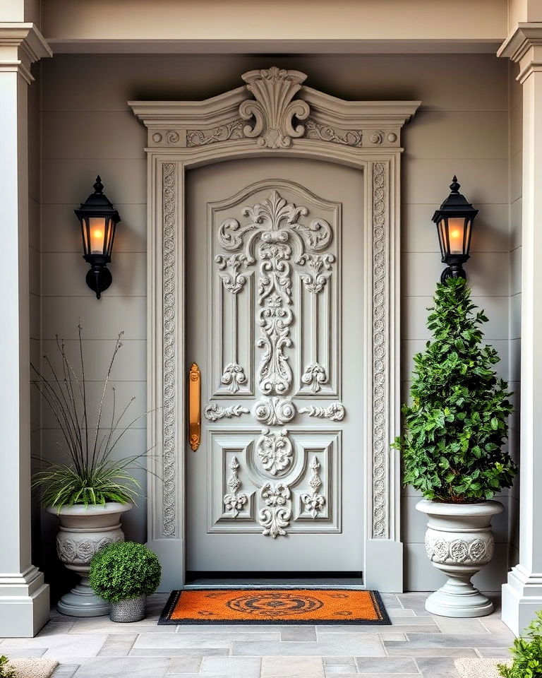 aesthetic dove grey with intricate carvings - 25 Grey Front Door Ideas