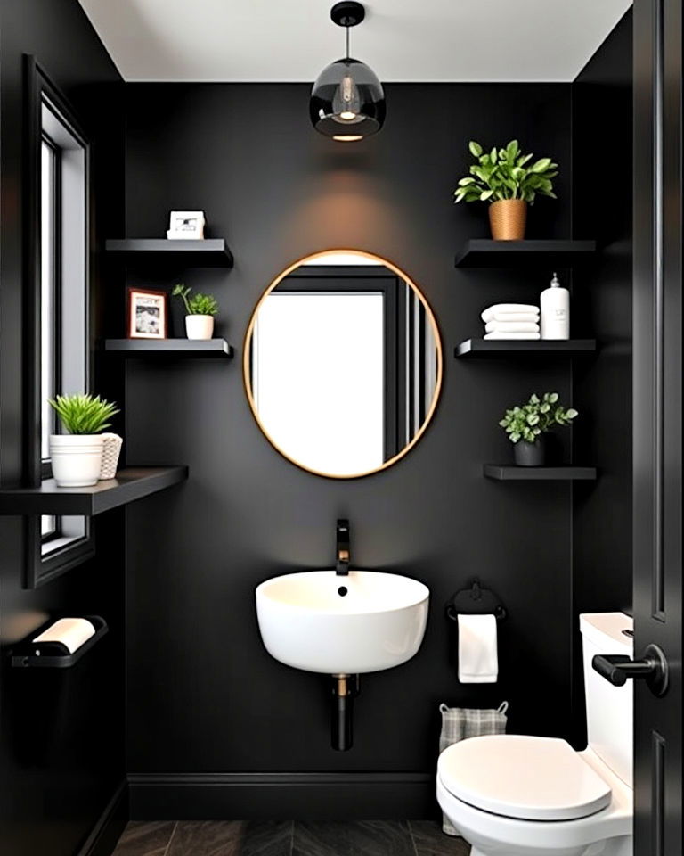 aesthetic floating black shelves - 25 Black Powder Room Ideas