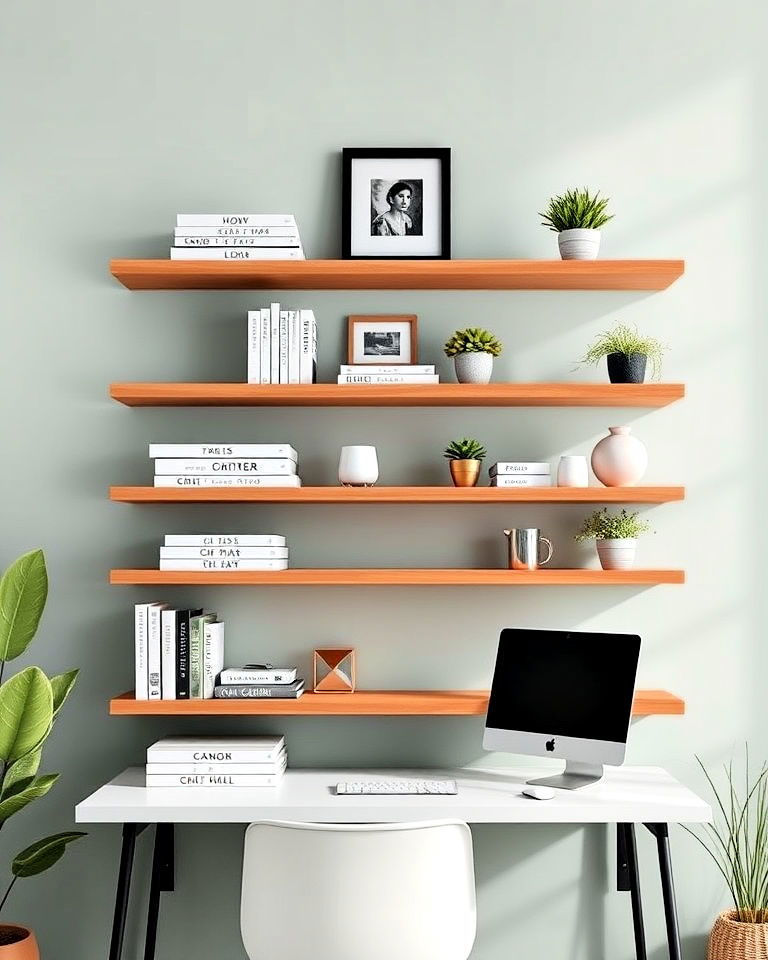 aesthetic floating shelves for storage - 40 Modern Home Office Ideas