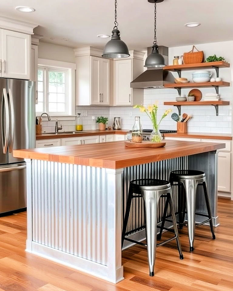aesthetic galvanized metal accents - 25 Farmhouse Kitchen Island Ideas