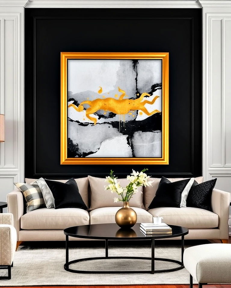 aesthetic gold framed wall art with black borders - 40 Black and Gold Living Room Ideas