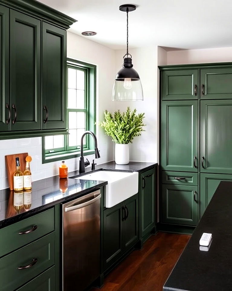 aesthetic hunter green cabinets - 20 Green Kitchen Cabinets With Black Countertops