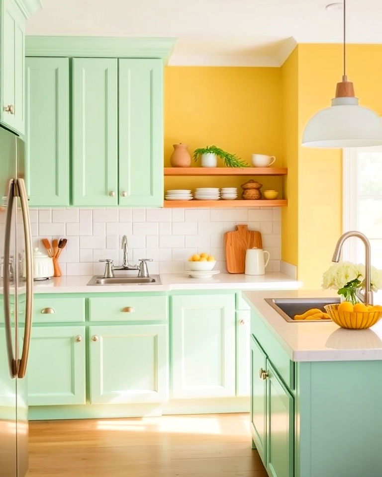 aesthetic mint green cabinets with yellow walls - 20 Green and Yellow Kitchen Ideas