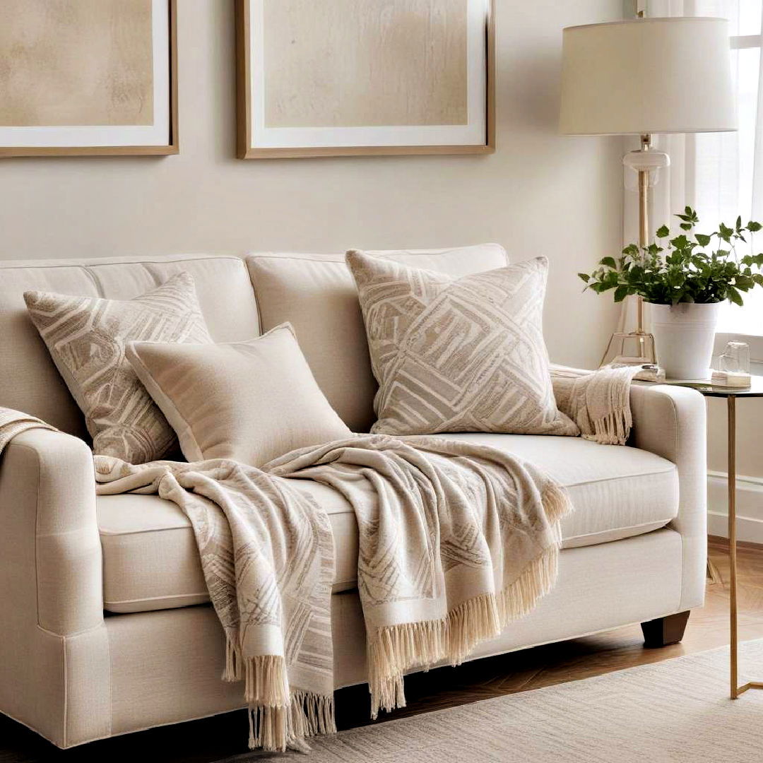 aesthetic neutral patterned throw - 40 Neutral Living Room Ideas