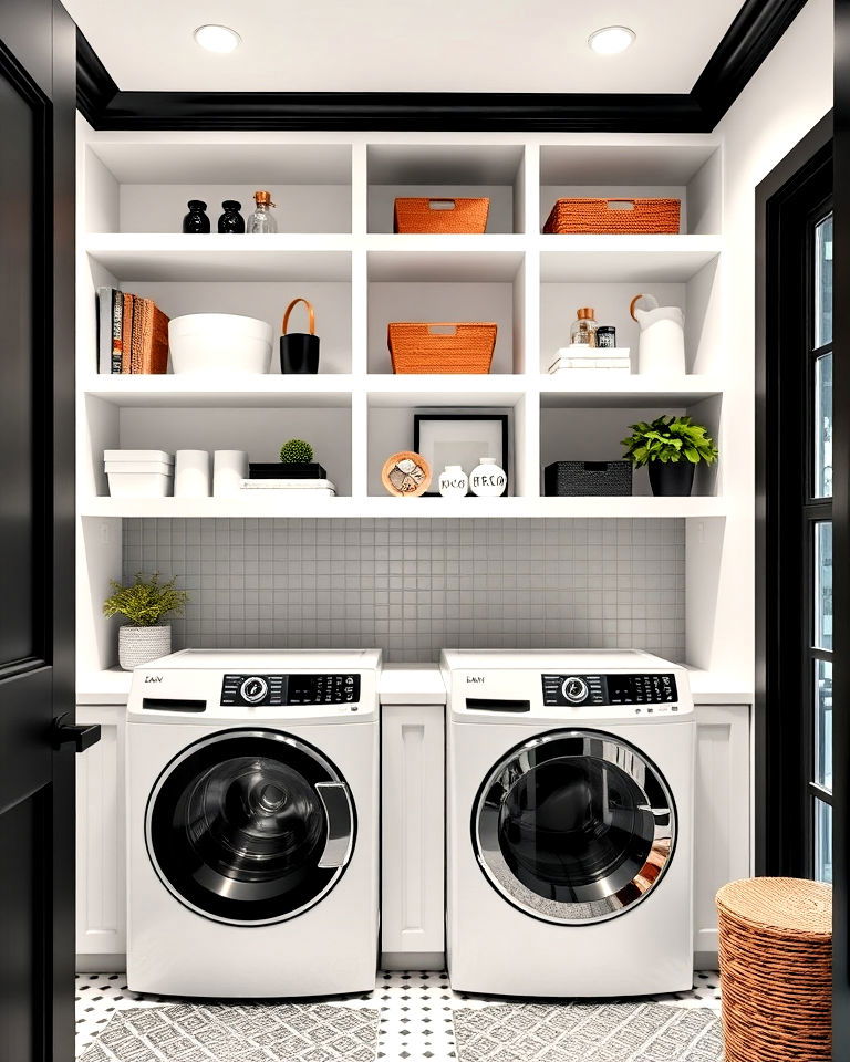 aesthetic open shelving with black trim - 15 Black and White Laundry Room Ideas