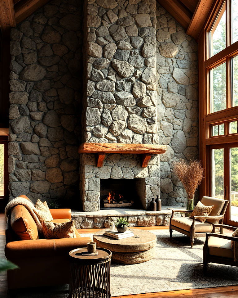 aesthetic outdoor inspired stone fireplace - 20 Floor-to-Ceiling Stone Fireplace Ideas
