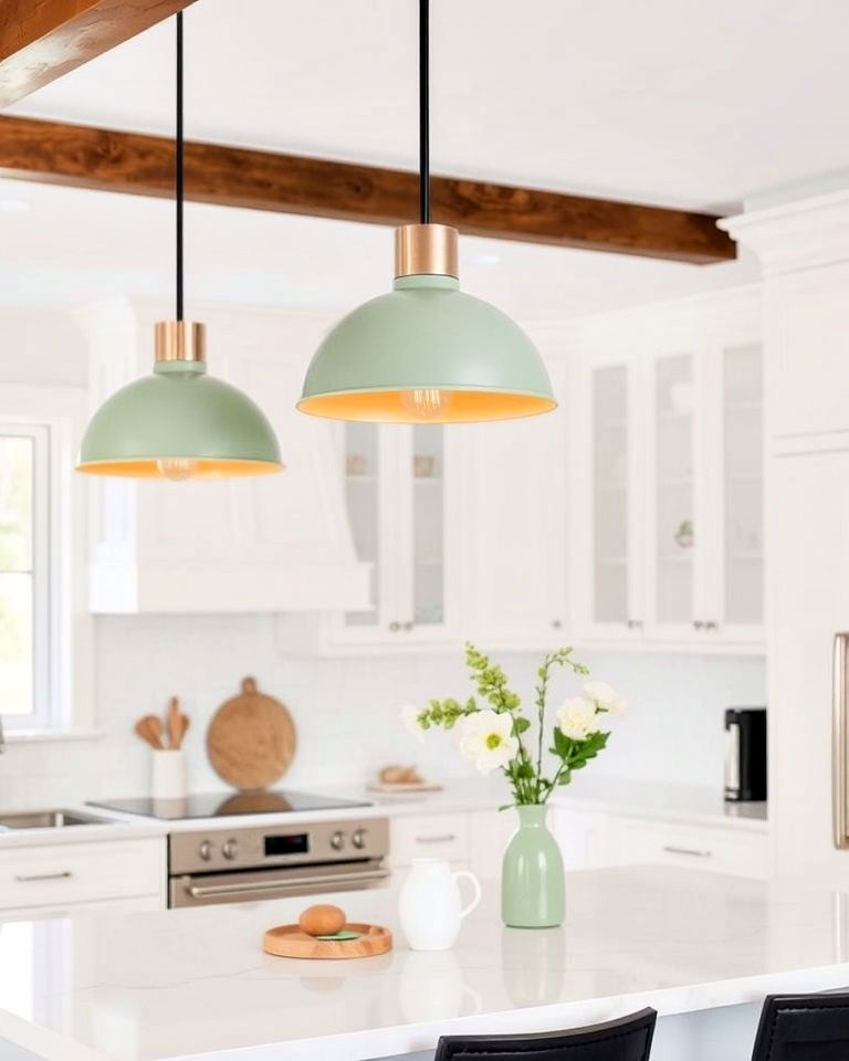 aesthetic sage green pendant lighting - 25 Sage Green and White Kitchen Ideas