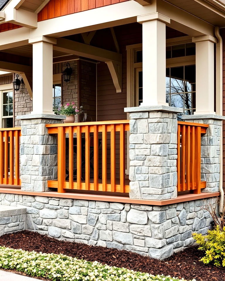 aesthetic stone pillars with wooden rails - 25 Front Porch Railing Ideas