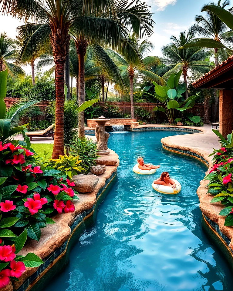 aesthetic tropical themed lazy river - 20 Lazy River Swimming Pool Ideas