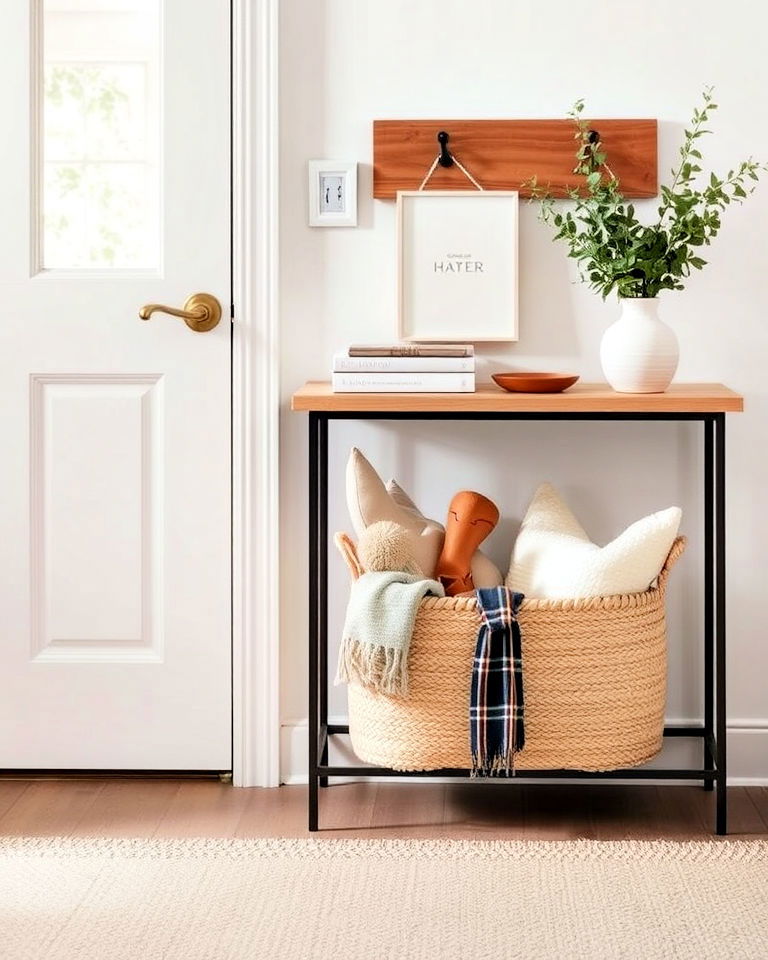 aesthetic understated basket for catch all storage - 20 Scandinavian Entryway Ideas