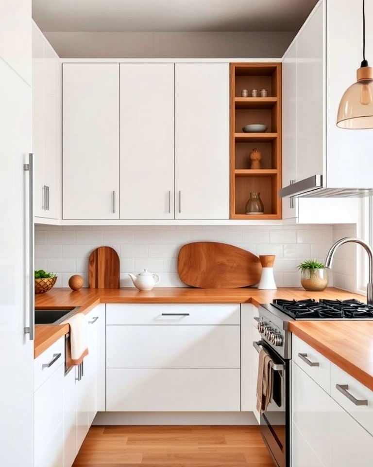aesthetic white cabinets with wooden accents - 40 Mid-century Modern Kitchen Ideas