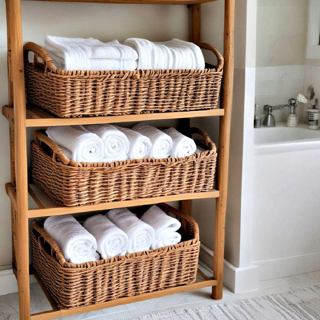 aesthetic wicker baskets - 40 Bathroom Organization Ideas