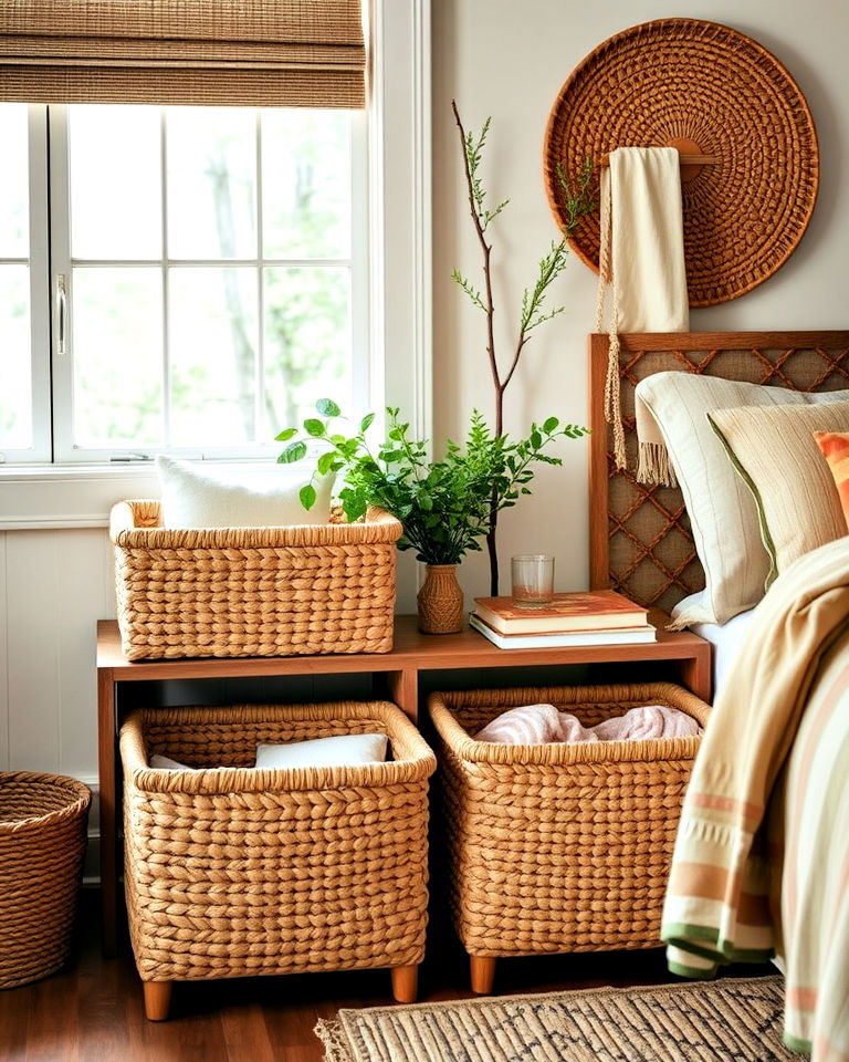 aesthetic woven basket storage - 20 Forest-Themed Bedroom Ideas