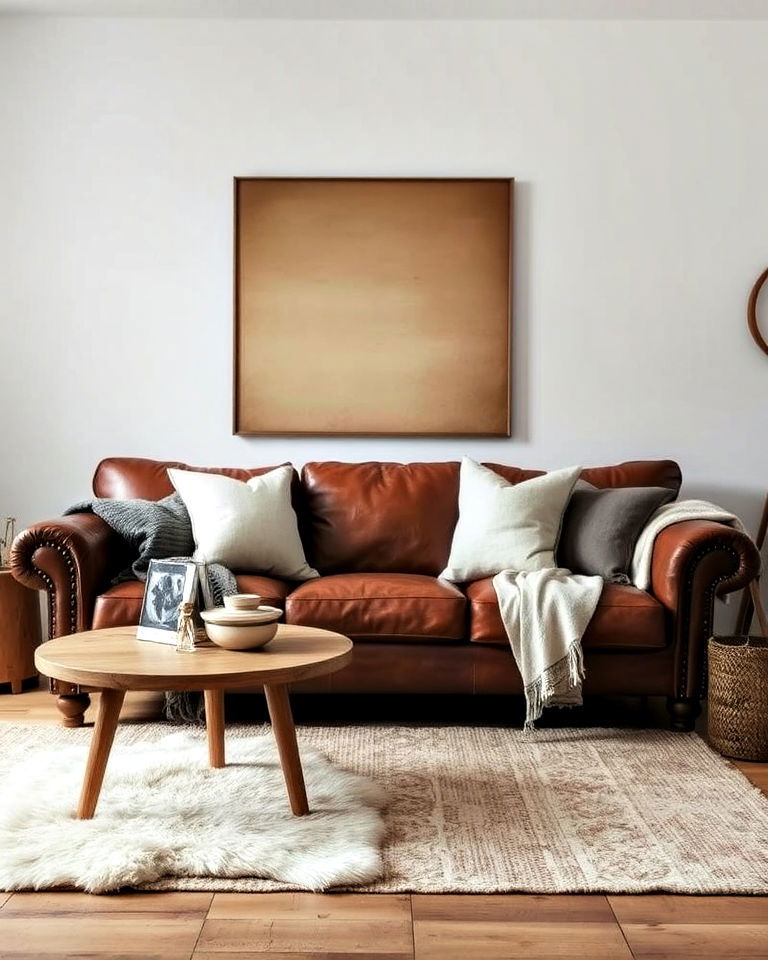 aged leather furniture for scandinavian rustic living room - 30 Rustic Scandinavian Living Room Ideas