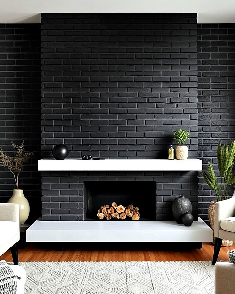 airy black brick fireplace with a floating hearth - 30 Black Brick Fireplace Ideas