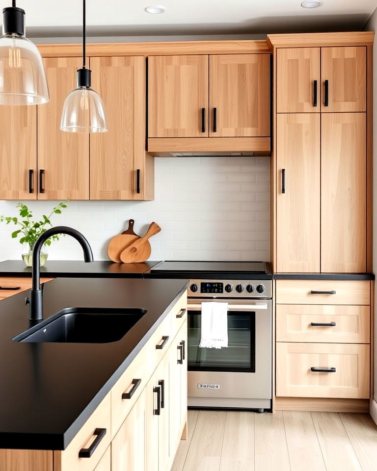 alder wood cabinets and matte black counters combo - 25 Brown Kitchen Cabinets With Black Countertops