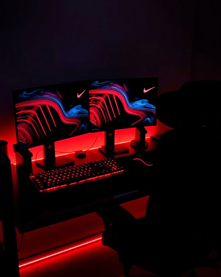 all black gaming setup with red lighting - 20 Red and Black Gaming Setup Ideas