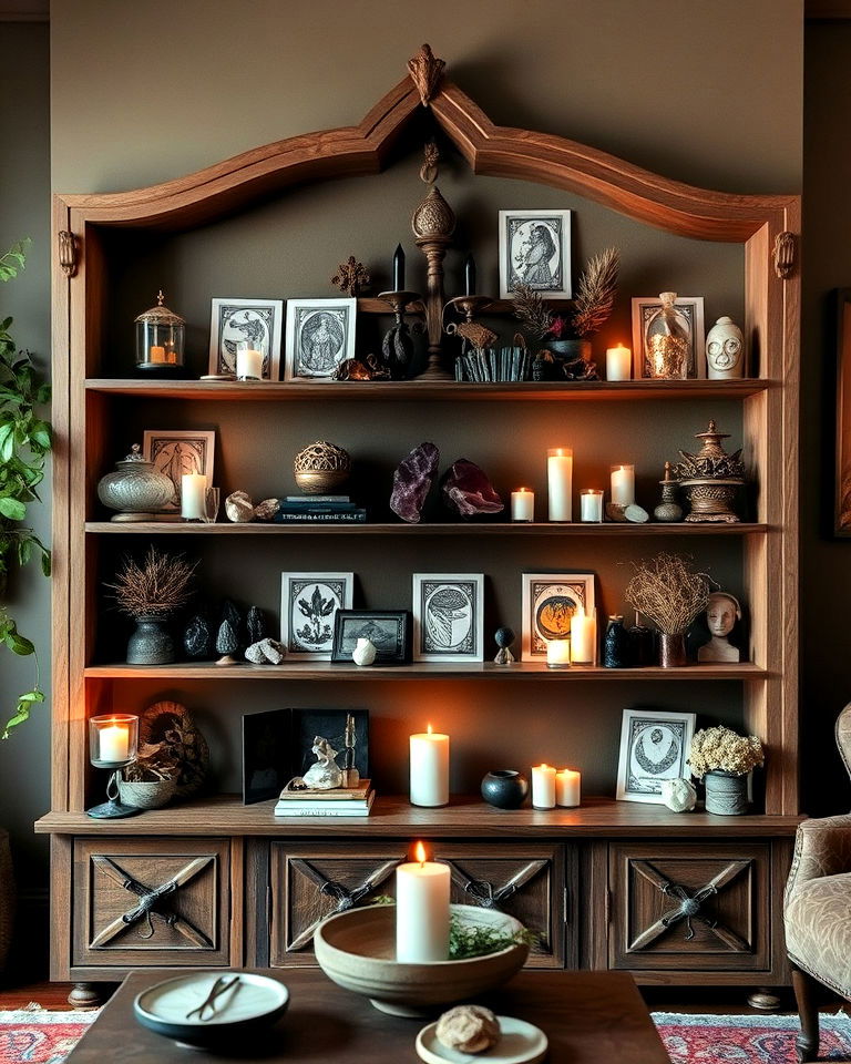 altar like shelving unit - 30 Witchy Living Room Ideas