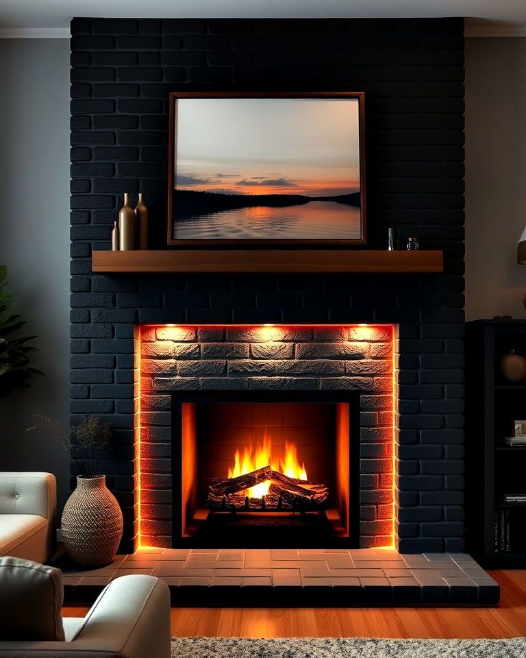 ambient black brick fireplace illuminated by led lights - 30 Black Brick Fireplace Ideas
