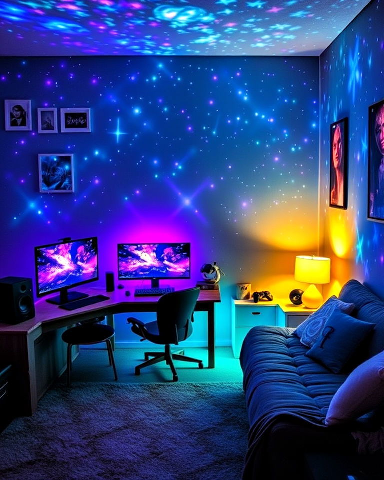 ambient projector lights for gamer girl room - 20 Gamer Girl Room Ideas