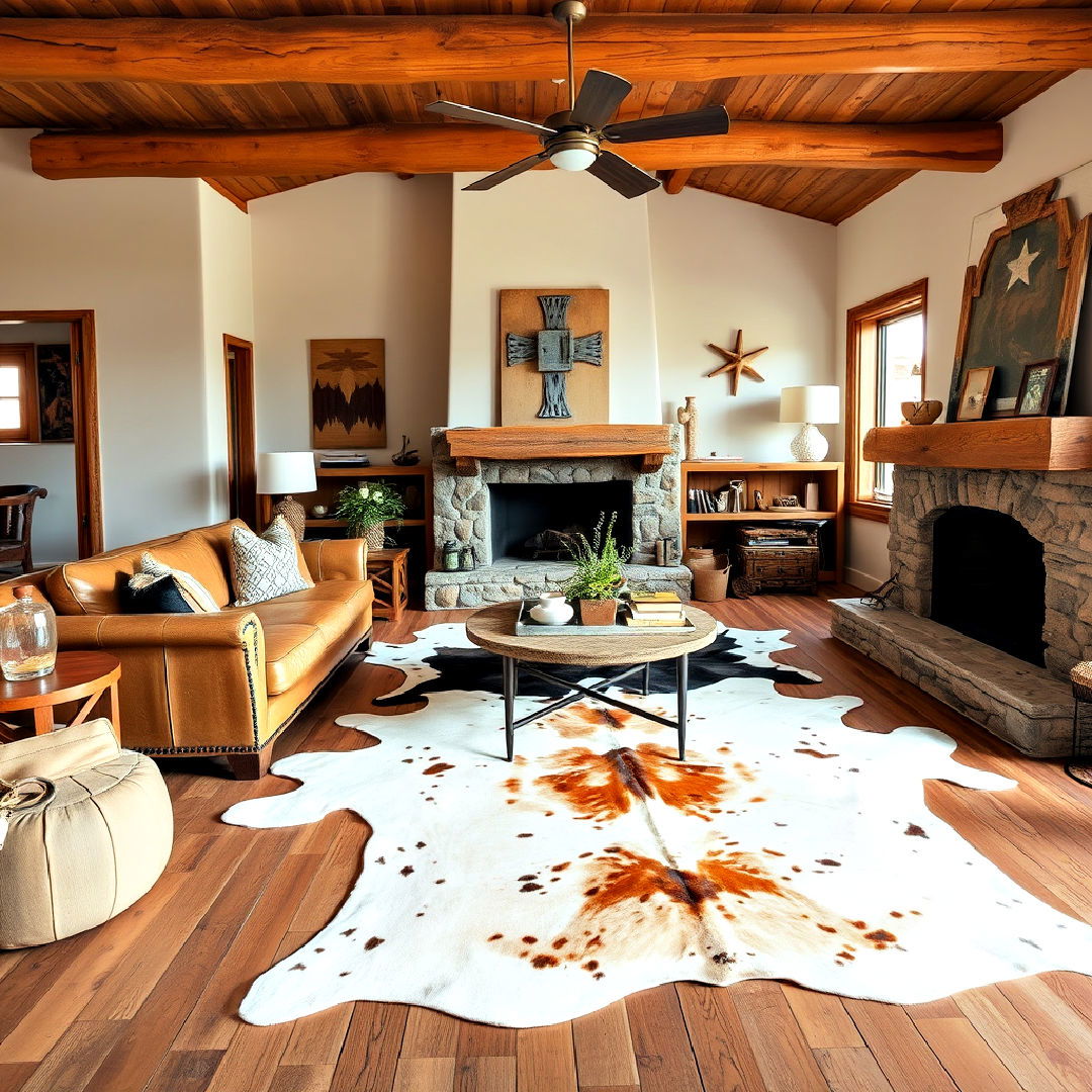 animal hide rug to add authentic western touch - 25 Southwestern Living Room Ideas