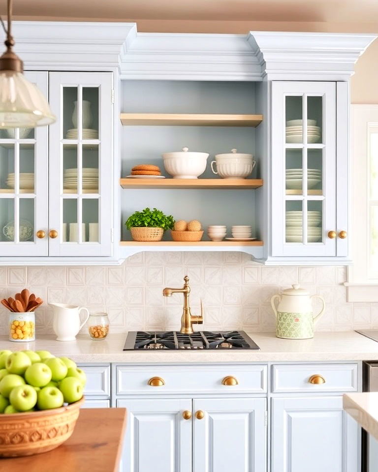 antique accents for pale blue farmhouse kitchen cabinets - 30 Blue Farmhouse Kitchen Cabinets