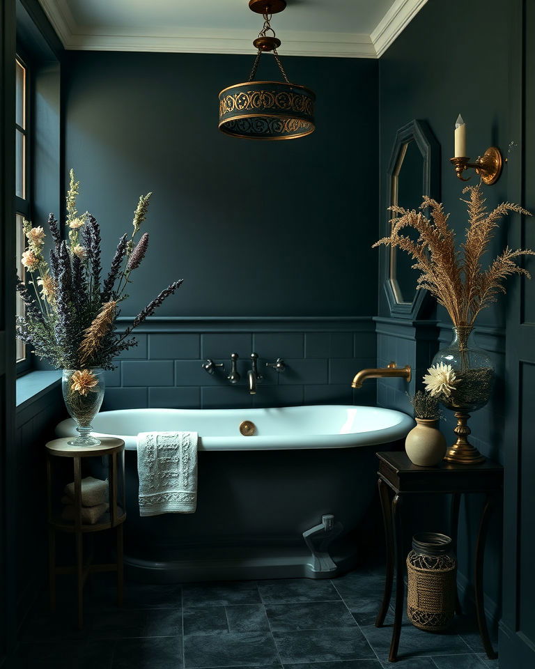 antique dried flowers and botanicals - 20 Dark Academia Bathroom Ideas