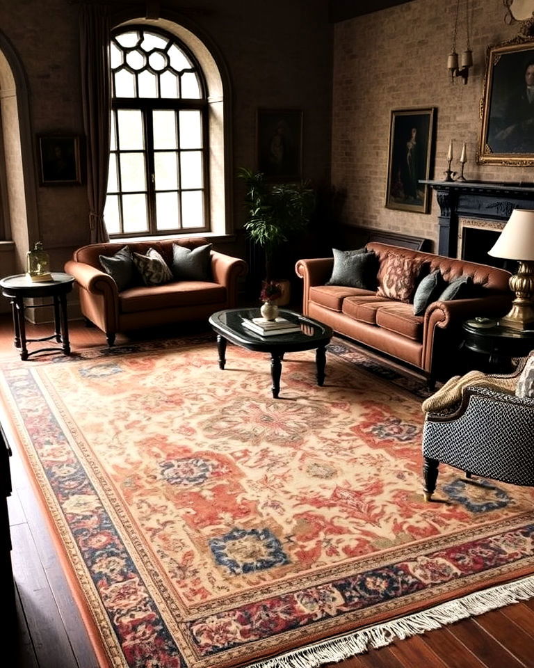 antique inspired rug to add classic touch - 20 Castle Living Room Ideas