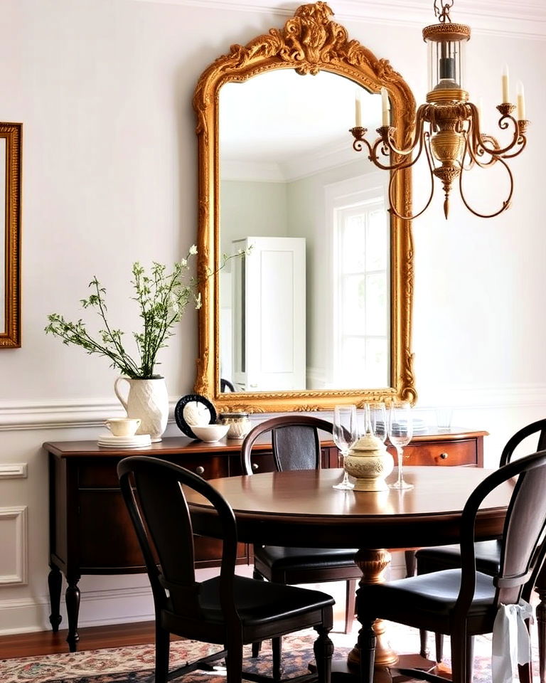 antique mirror with distressed frame - 30 Cottagecore Dining Room Ideas